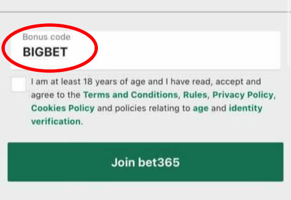 Where to put bet365 bonus code?